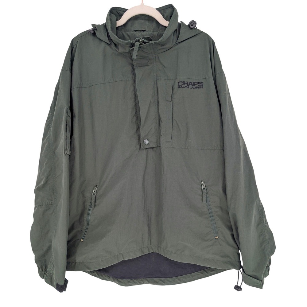 VTG Chaps Ralph Lauren Anorak Windbreaker Mens L Olive Green Hooded 1/4 Zip 90s